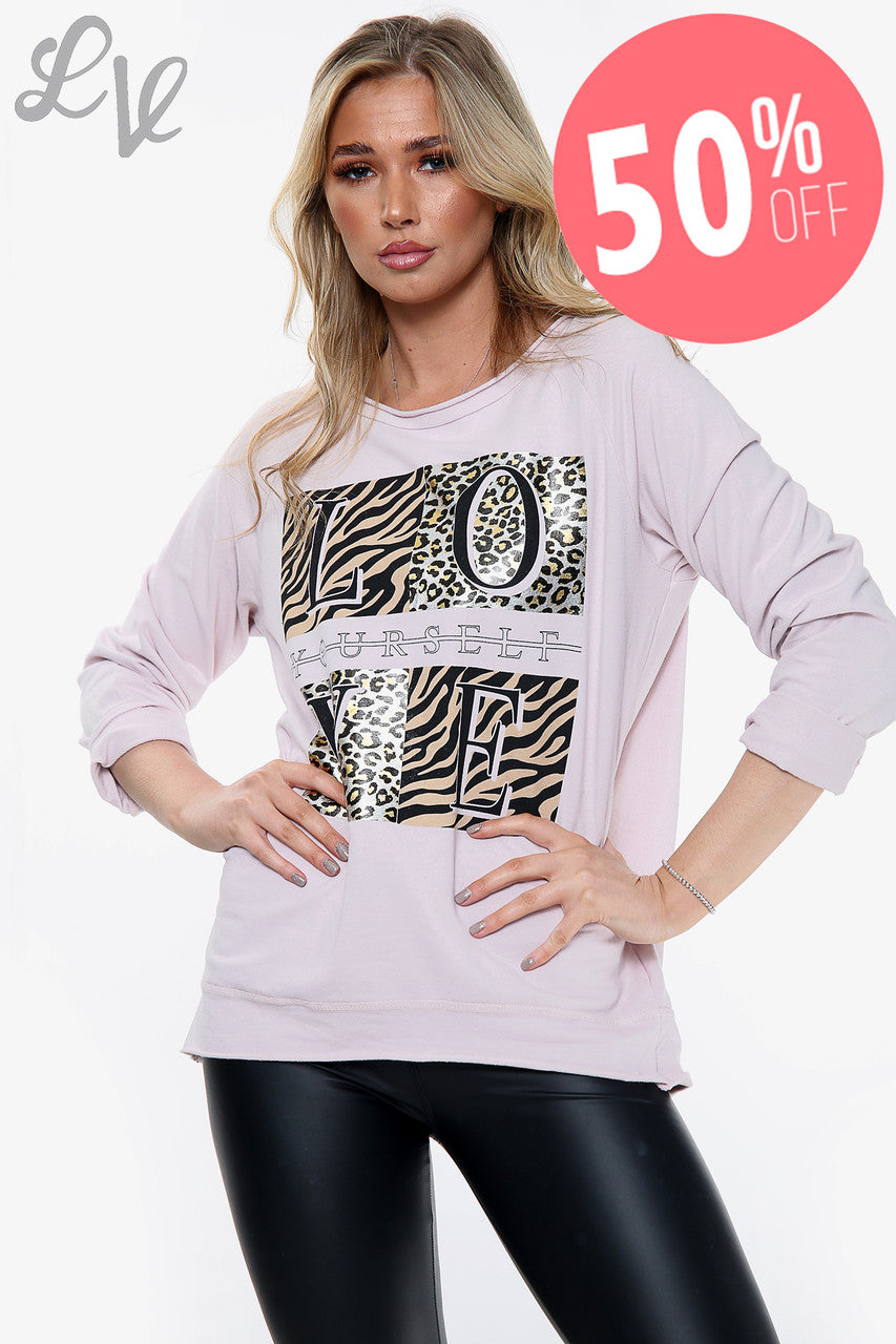 Dames 'Love yourself' Grafische Top Oudroze Prijs WAS £11.99 NU £5.99