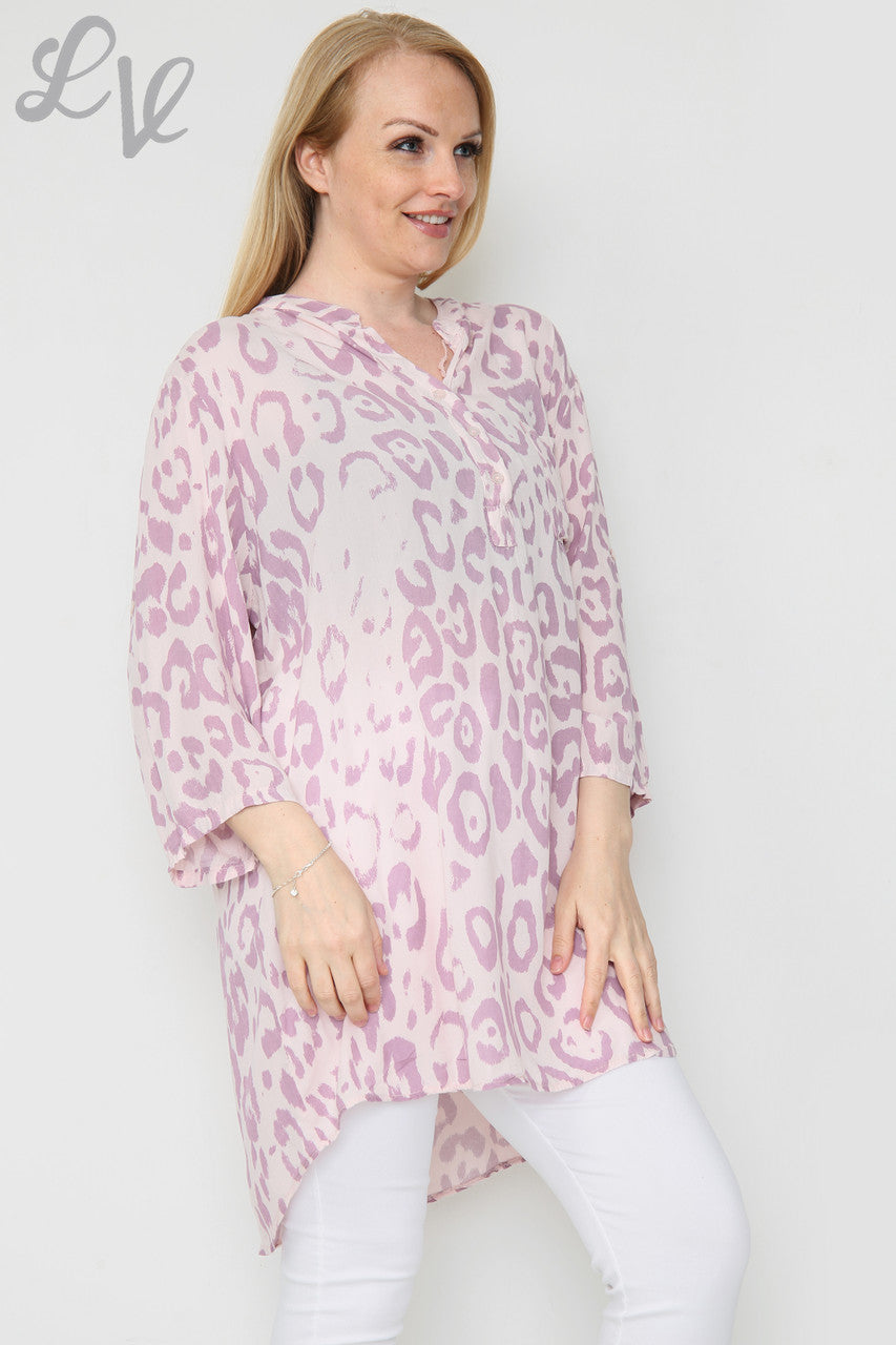 Damesblouse met dierenprint en lange pasvorm, stoffig roze per stuk € 8,99