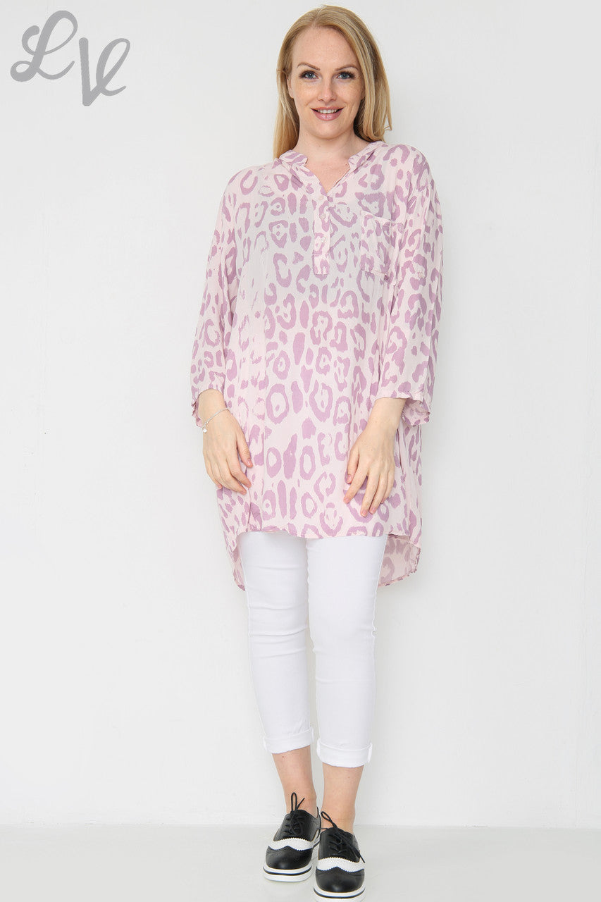 Damesblouse met dierenprint en lange pasvorm, stoffig roze per stuk € 8,99