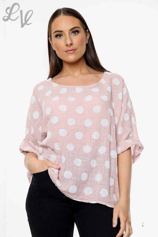 Ladies Polka Dot Simple Top Dusty Pink Unit Price £7.99