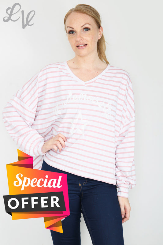 Ladies Mademoiselle Star Striped Top Dusty Pink Unit Price WAS £9.99 NOW £5