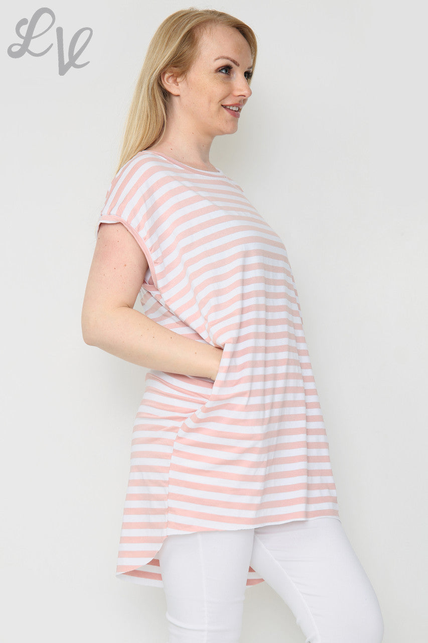 Dames Top Korte Mouw Gestreepte Dusty Roze Stukprijs €8,99