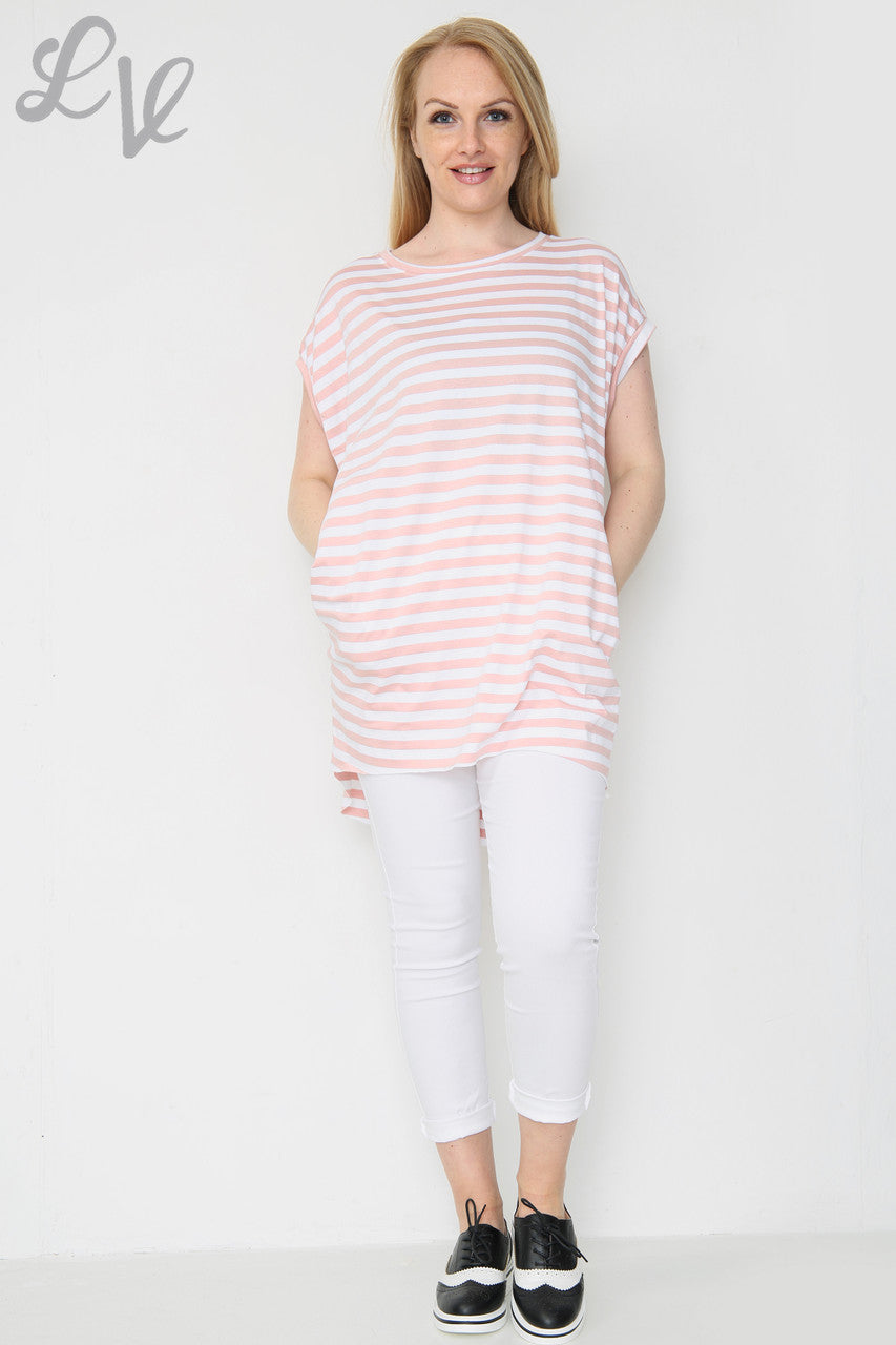Dames Top Korte Mouw Gestreepte Dusty Roze Stukprijs €8,99