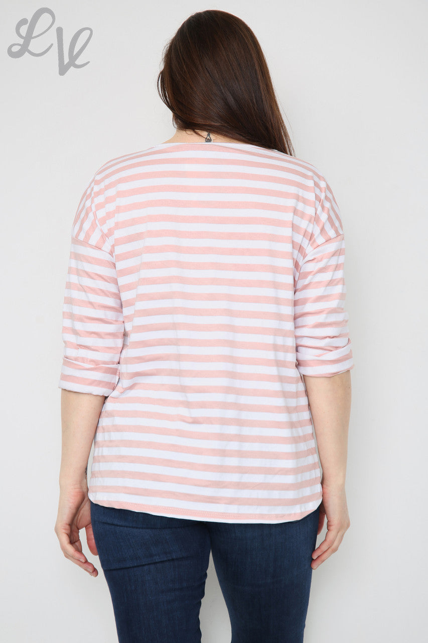 Dames gestreepte top met oprolmouwen stofroze stukprijs € 4,99