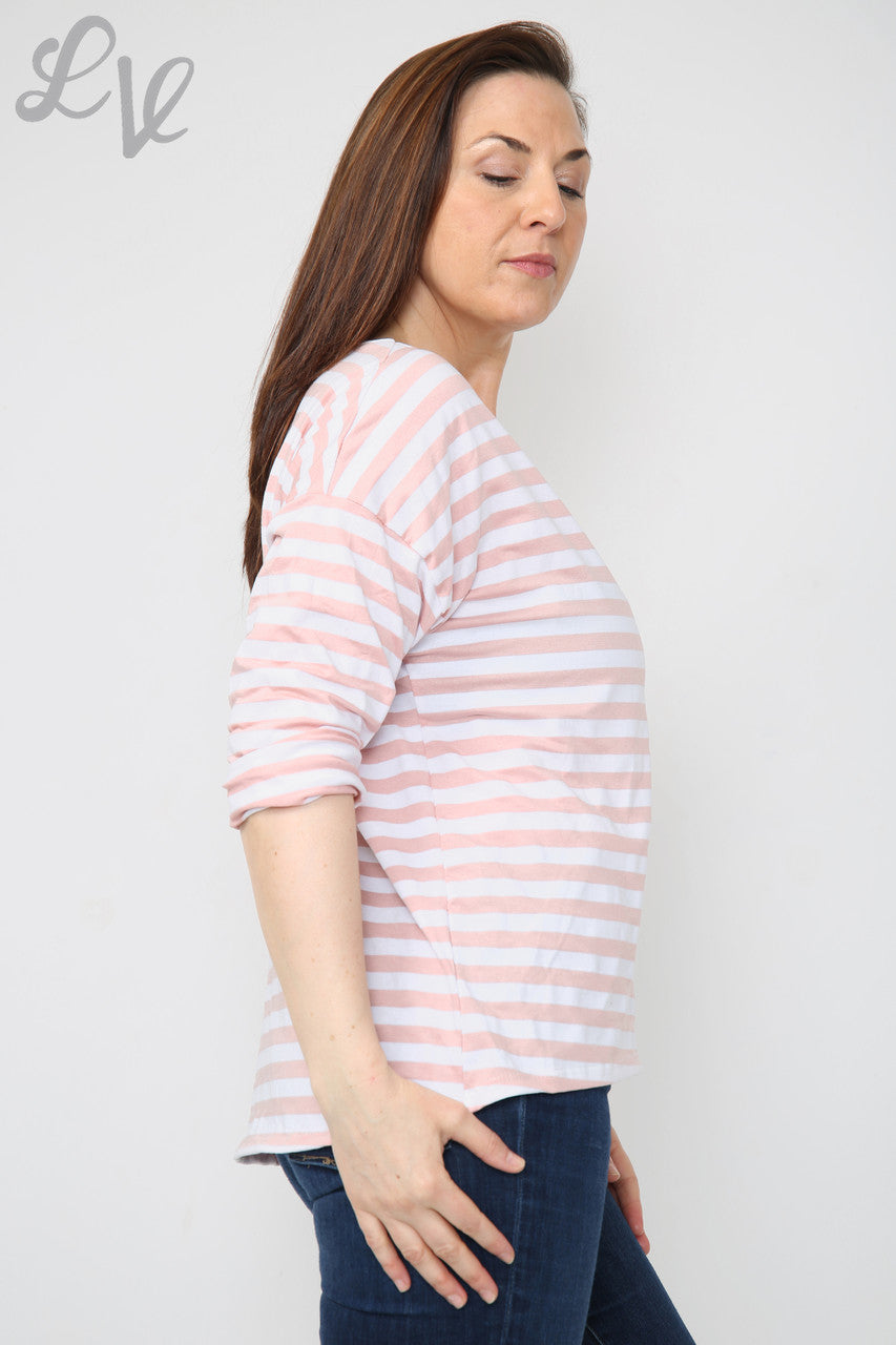 Dames gestreepte top met oprolmouwen stofroze stukprijs € 4,99