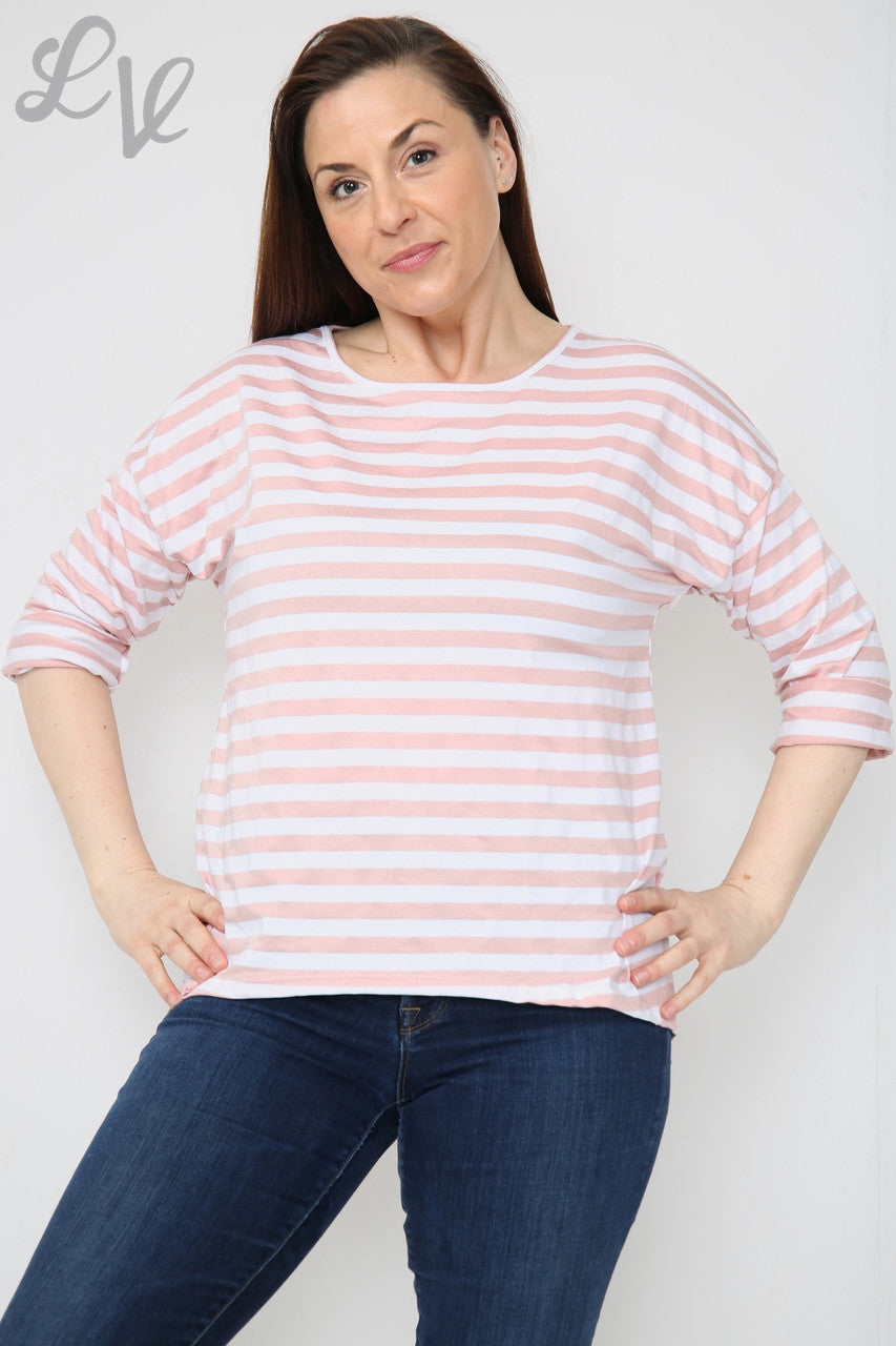 Dames gestreepte top met oprolmouwen stofroze stukprijs € 4,99