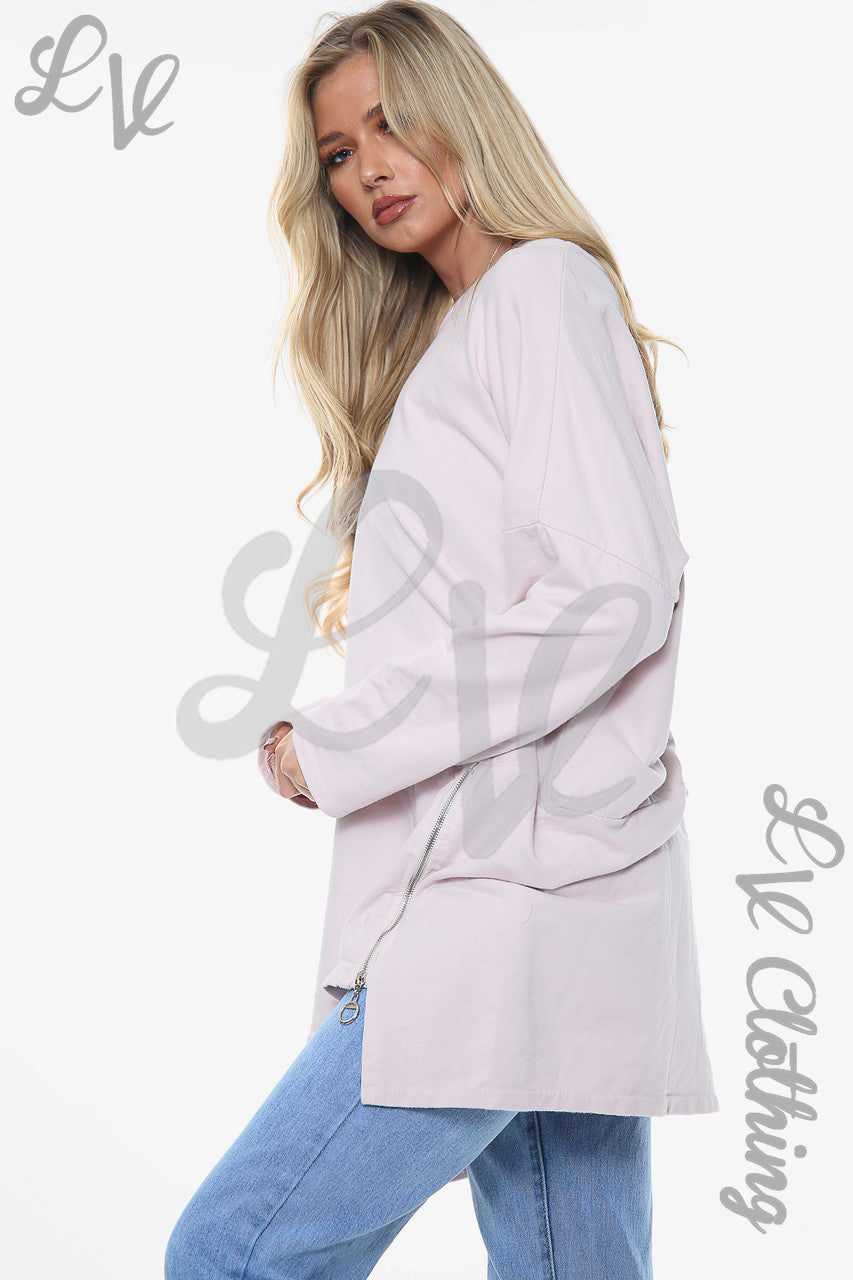 Dames Effen Sweatshirt Met Rits Detail Dusty Pink Stukprijs €12,99