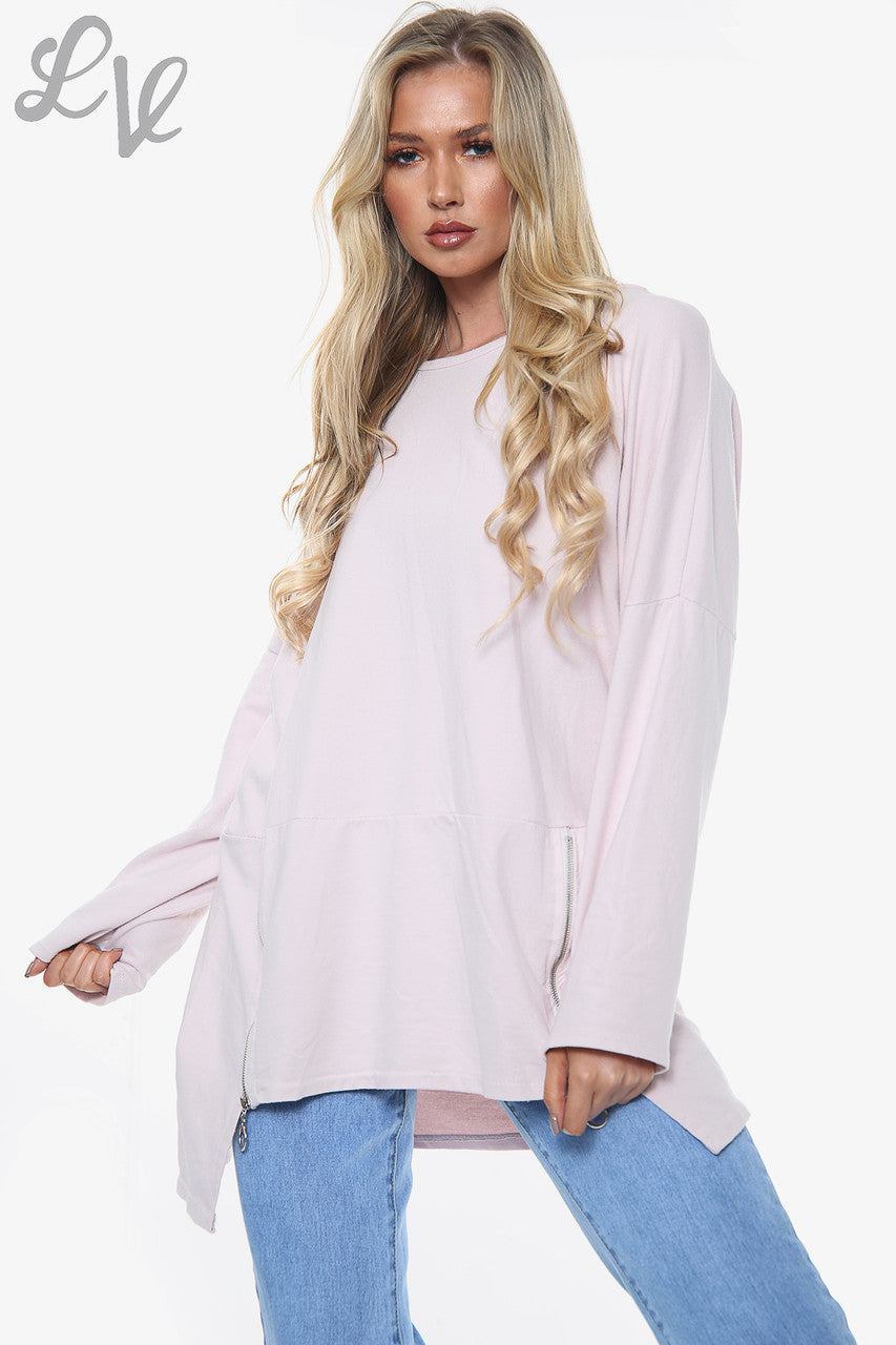 Dames Effen Sweatshirt Met Rits Detail Dusty Pink Stukprijs €12,99