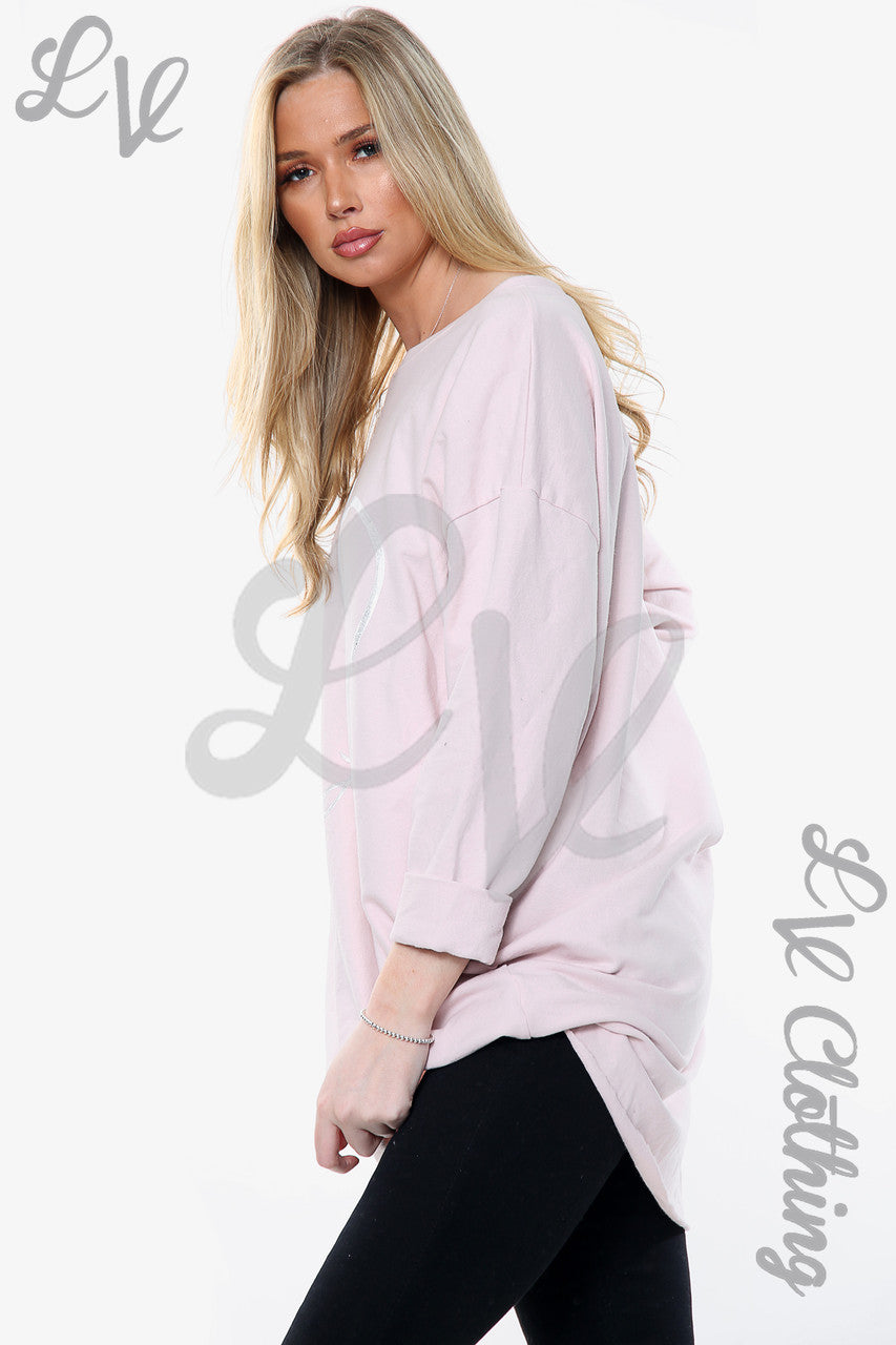 Damesfolie Hart Liefde Grafisch Sweatshirt Top Stoffig Roze Stukprijs WAS €12,99 NU €9,74