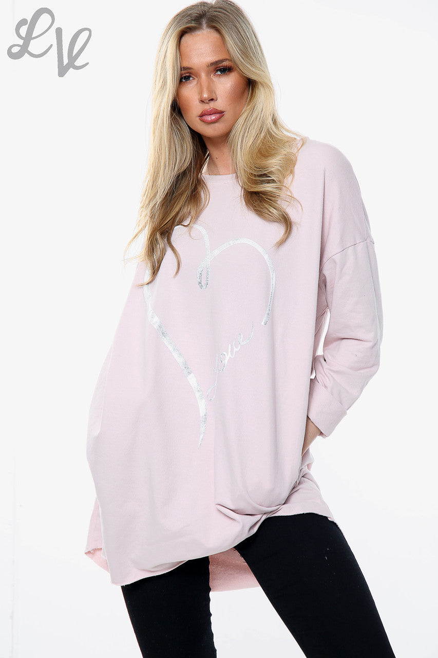 Damesfolie Hart Liefde Grafisch Sweatshirt Top Stoffig Roze Stukprijs WAS €12,99 NU €9,74