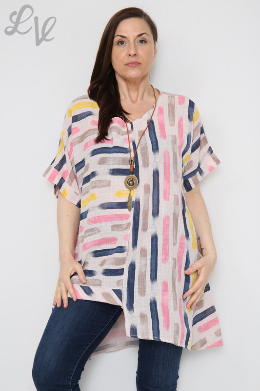 Ladies Paint Stripes Print Asymmetrical Top Dusty Pink Unit Price £8.99