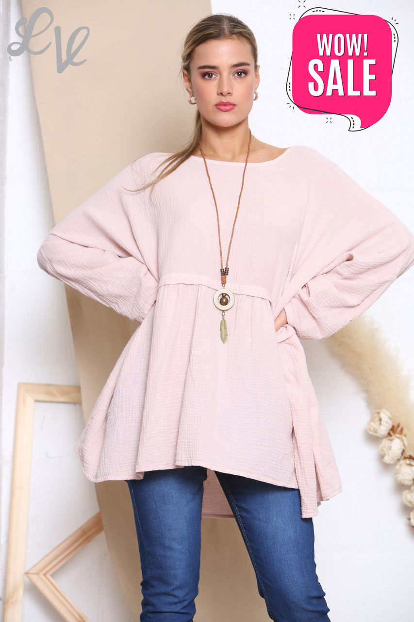 Ladies Lagenlook Floaty Top With Necklace Dusty Pink