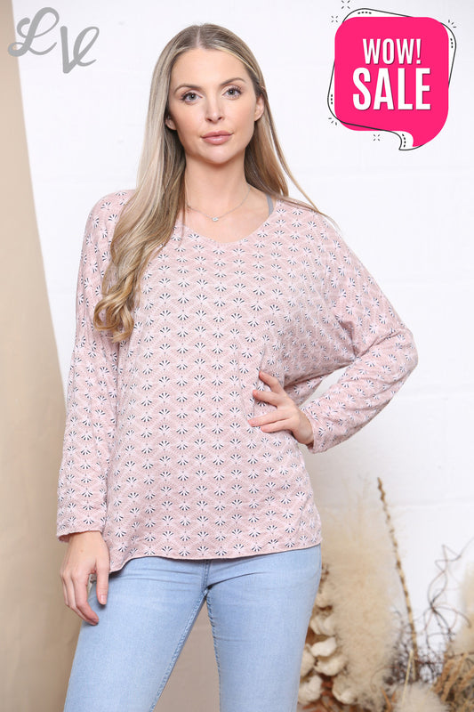 Ladies Ditsy Print Fine Knit Jumper Top Dusty Pink
