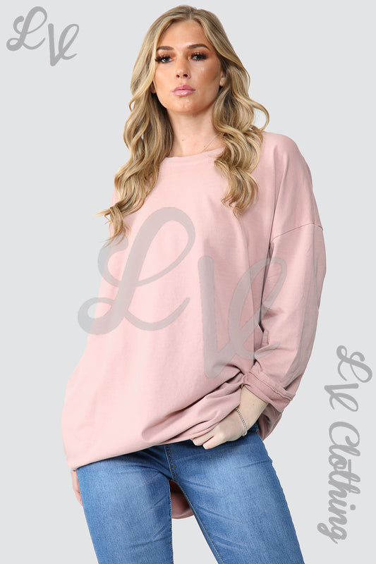 Dusty pink oversized tunic sweatshirt top, crew neck and long sleeves