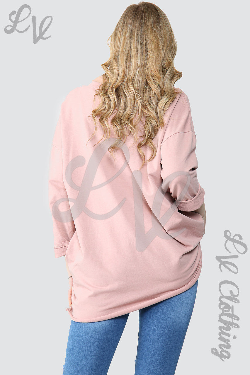 Dames effen oversized tuniek sweatshirt top stoffig roze - Prijs per stuk € 14,99