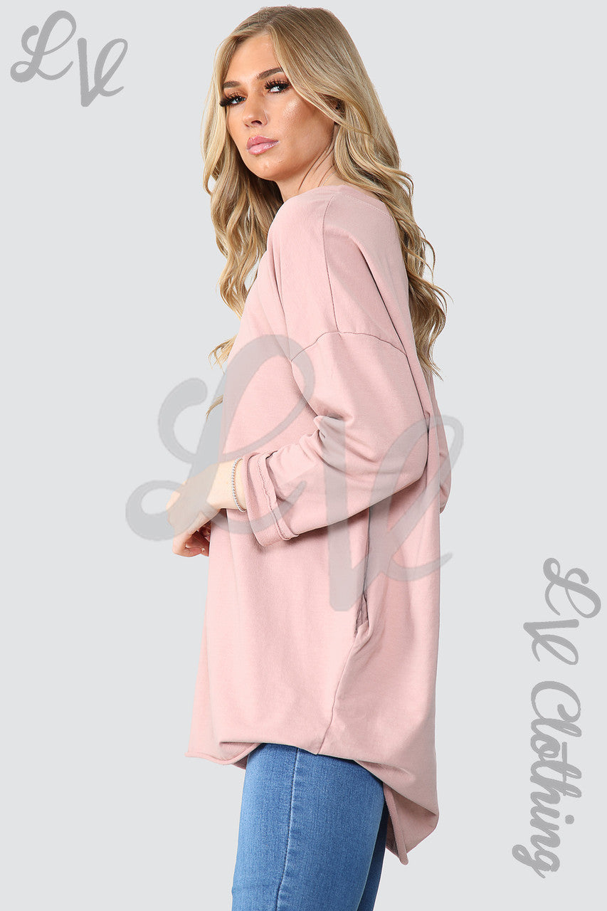 Dames effen oversized tuniek sweatshirt top stoffig roze - Prijs per stuk € 14,99