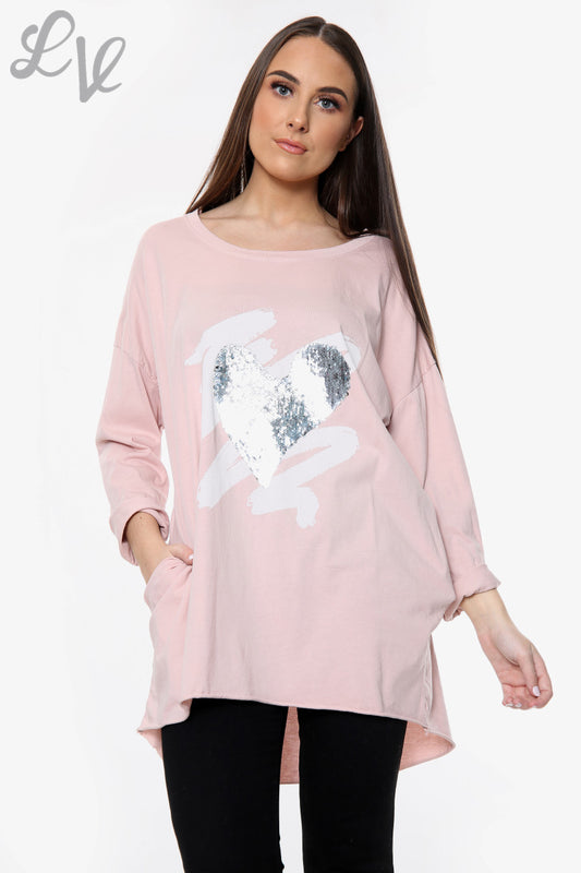 Ladies Squiggle Love Heart Top Dusty Pink Unit Price £10.99