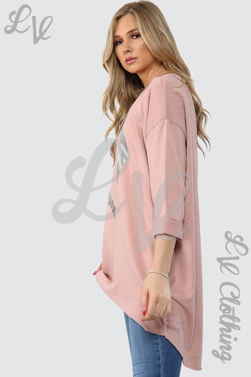 Ladies Foil Heart Graphic Tunic Top Dusty Pink - Unit Price £13.99