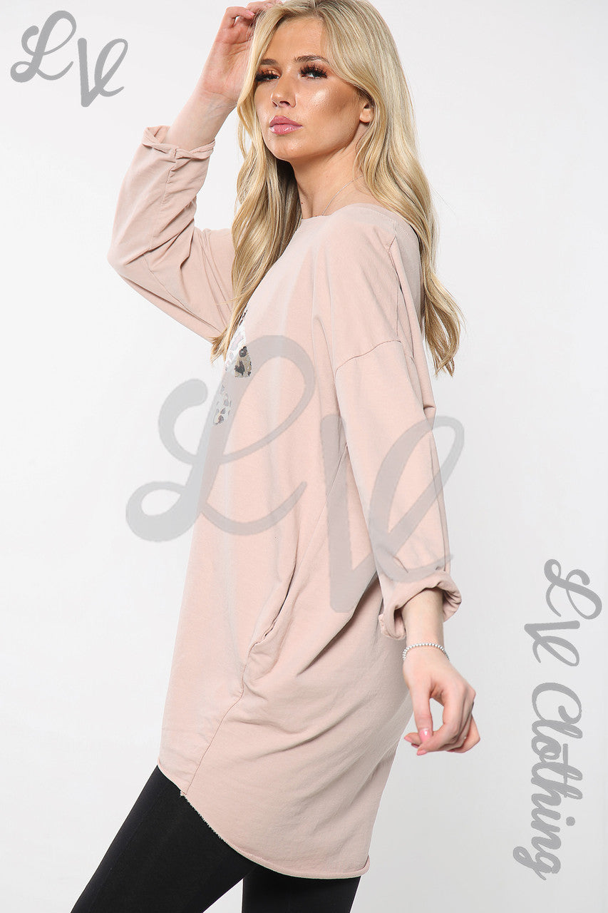 Dames Luipaard Lippen Print Vleermuismouw Oversized Top Oudroze Stukprijs €14,99