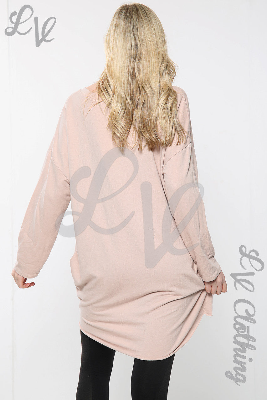 Dames zilveren top met pailletten en sterrenprint, Italiaans, oversized, stoffig roze, eenheidsprijs £13.99