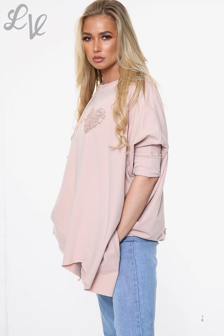 Dames Graphic Sweatshirt Top met Hartslag Dusty Pink Stuksprijs WAS €13,99 NU €10,49