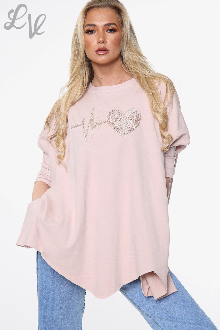 Dames Graphic Sweatshirt Top met Hartslag Dusty Pink Stuksprijs WAS €13,99 NU €10,49