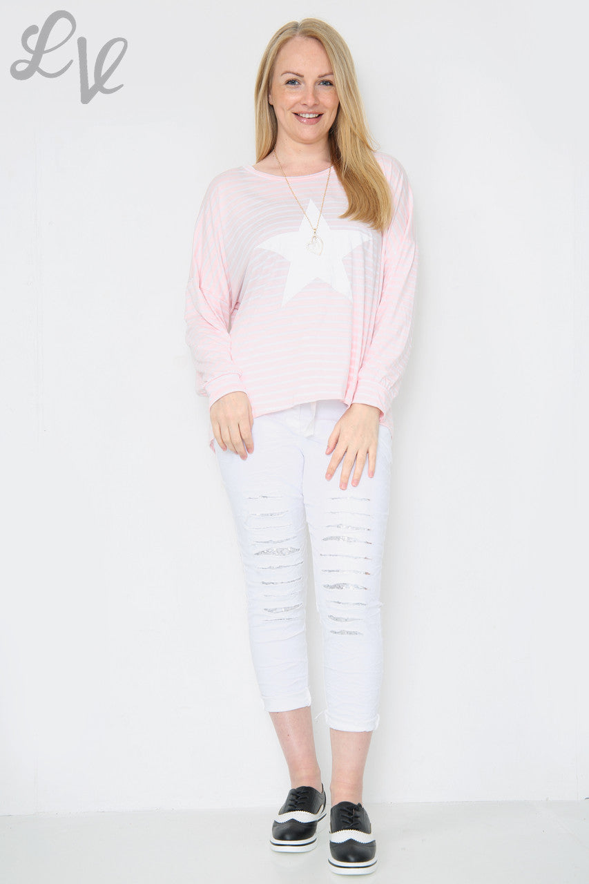 Dames T-shirt met Strepen & Sterren Oudroze Stukprijs €8,99