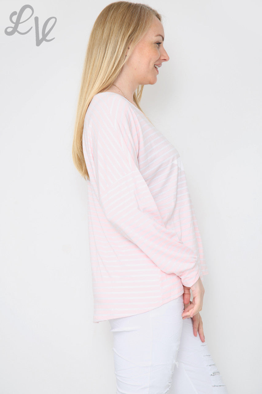 Dames T-shirt met Strepen & Sterren Oudroze Stukprijs €8,99
