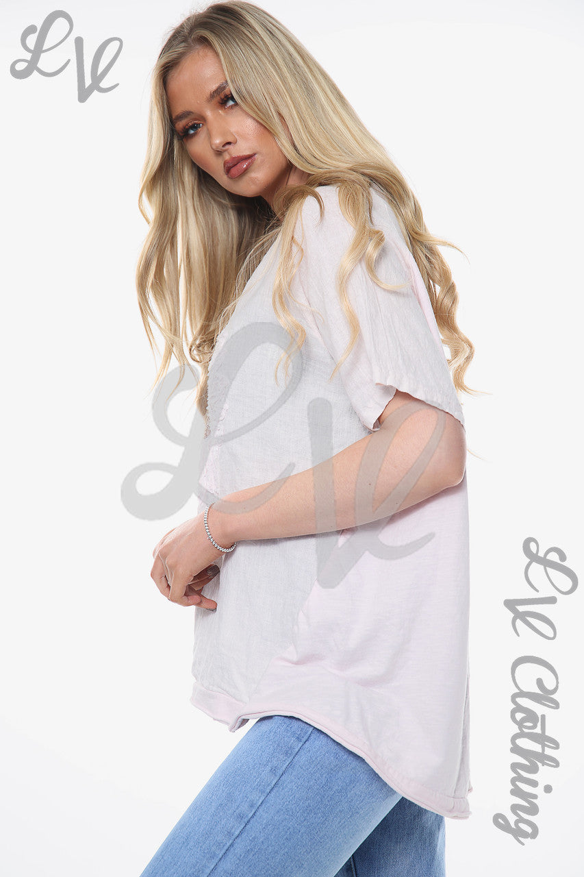 Dames Linnen Top met Bloemenapplicatie Dusty Pink Prijs per stuk €12,99