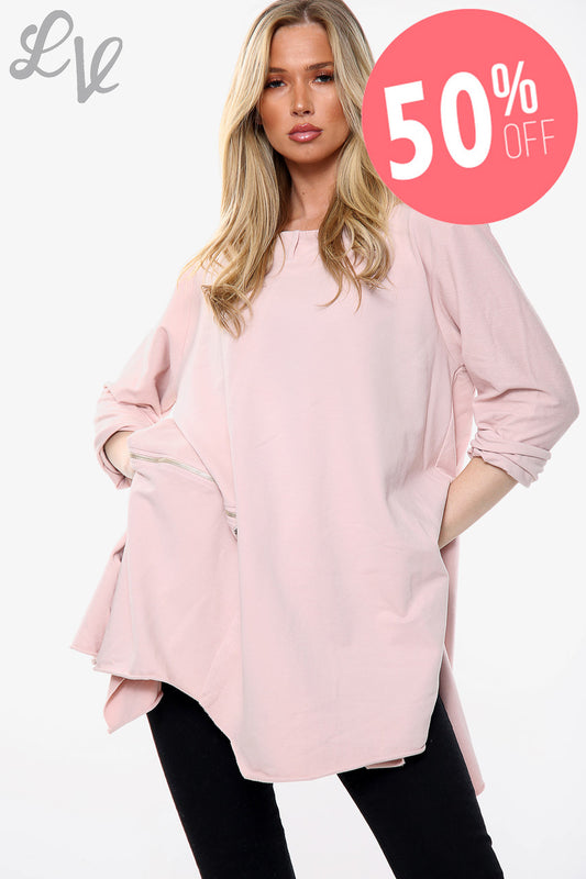 Ladies Draped Hem & Zip Detail Sweatshirt Top Dusty Pink Unit Price WAS £11.99 NOW £5.99