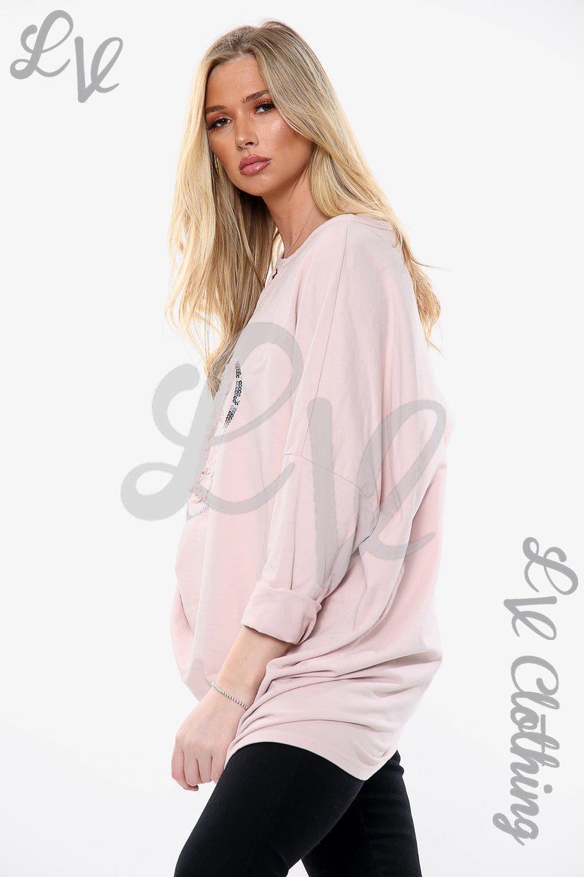 Ladies Applique Ruffle Foil Heart Sweatshirt Top Dusty Pink Unit Price £13.99
