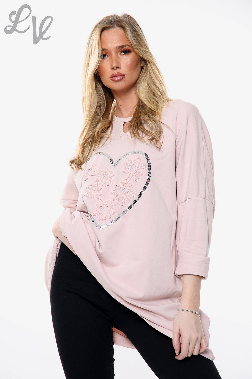 Ladies Applique Ruffle Foil Heart Sweatshirt Top Dusty Pink Unit Price £13.99