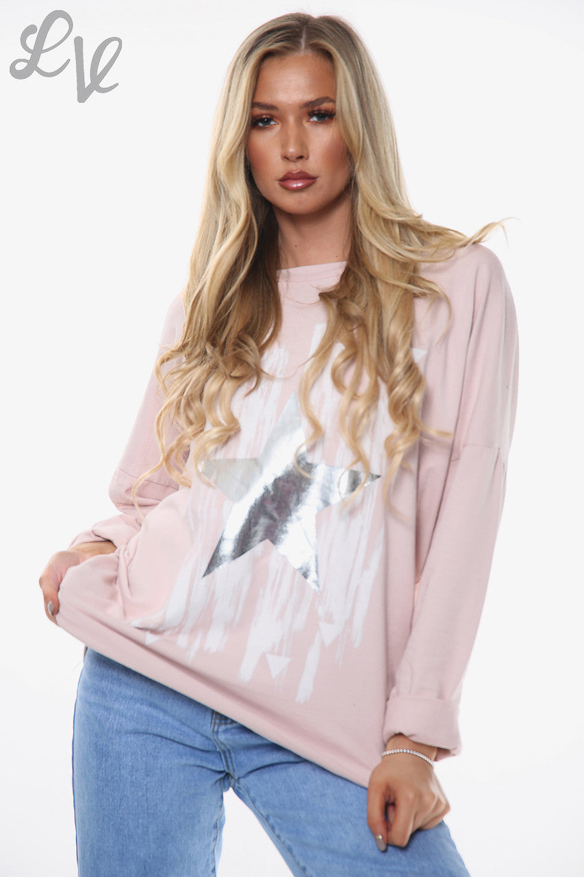 Dames Folie Sterren Paint Splatter Top Roze Eenheidsprijs WAS €13,99 NU €10,49
