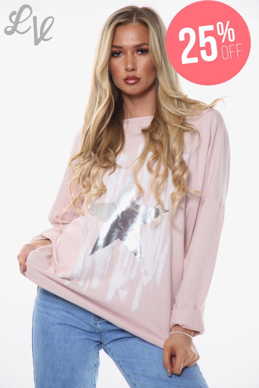 Dames Folie Sterren Paint Splatter Top Roze Eenheidsprijs WAS €13,99 NU €10,49