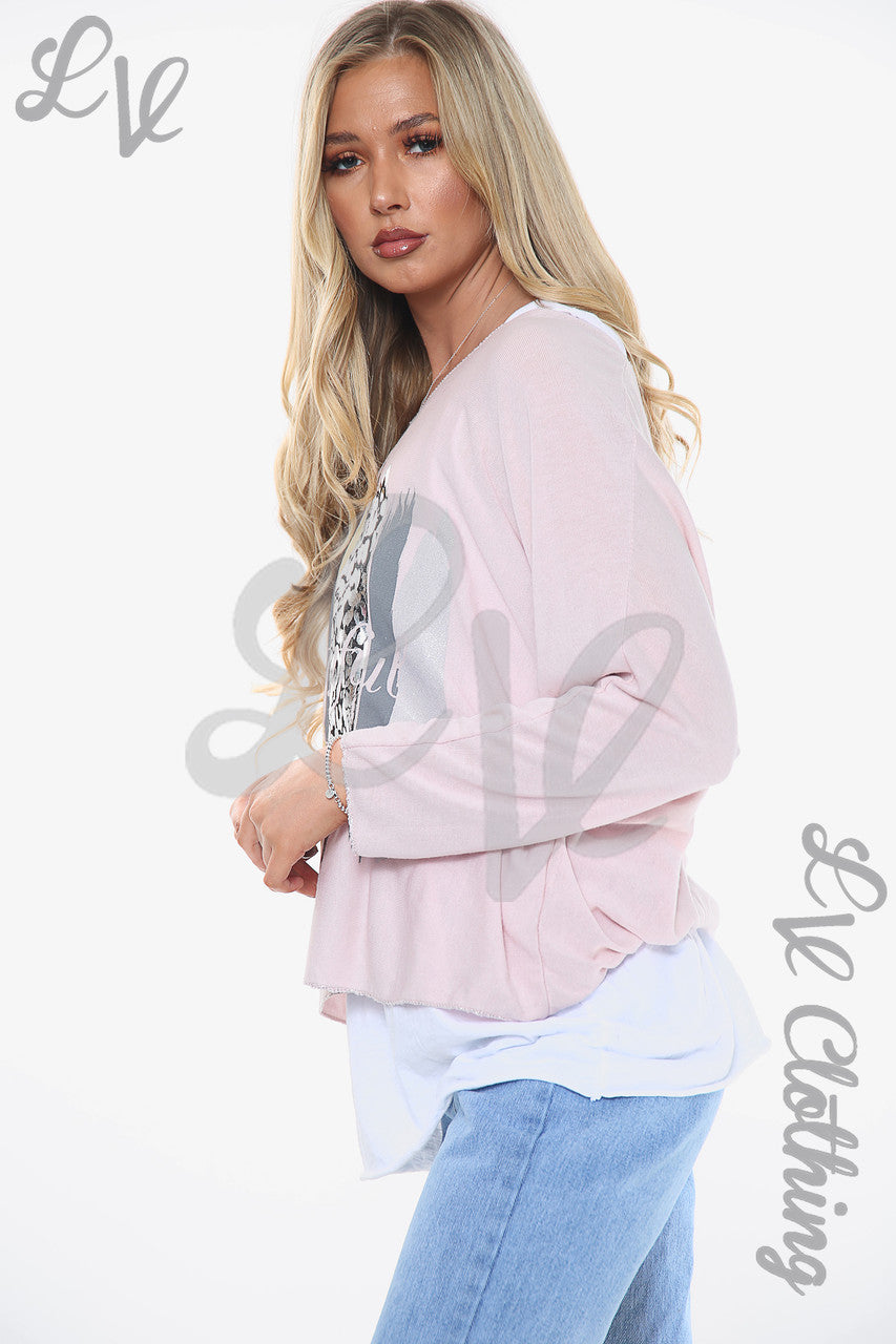 Dames mooie top met slogan en dubbele laag stoffig roze WAS €13,99 NU €6,99