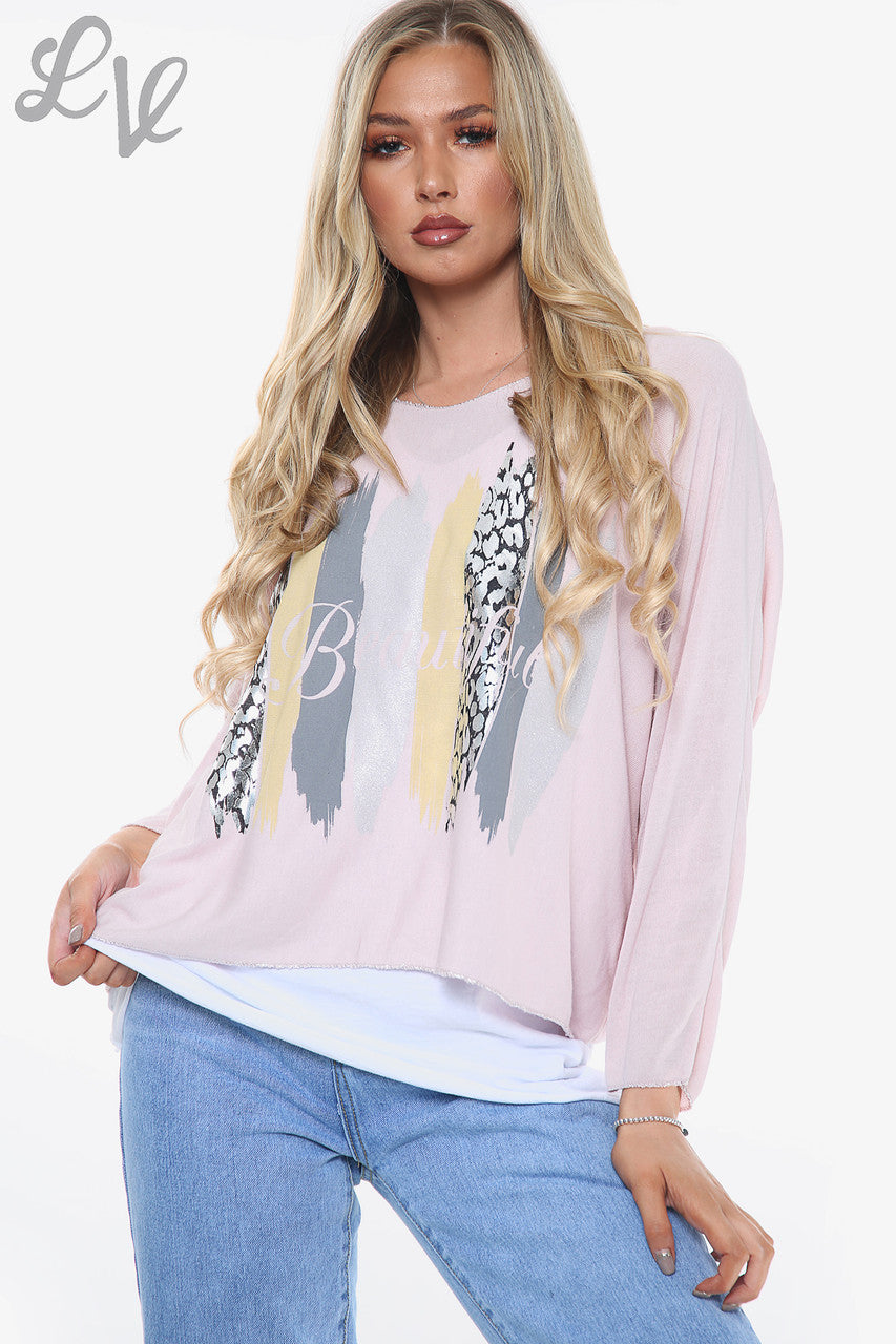 Dames mooie top met slogan en dubbele laag stoffig roze WAS €13,99 NU €6,99