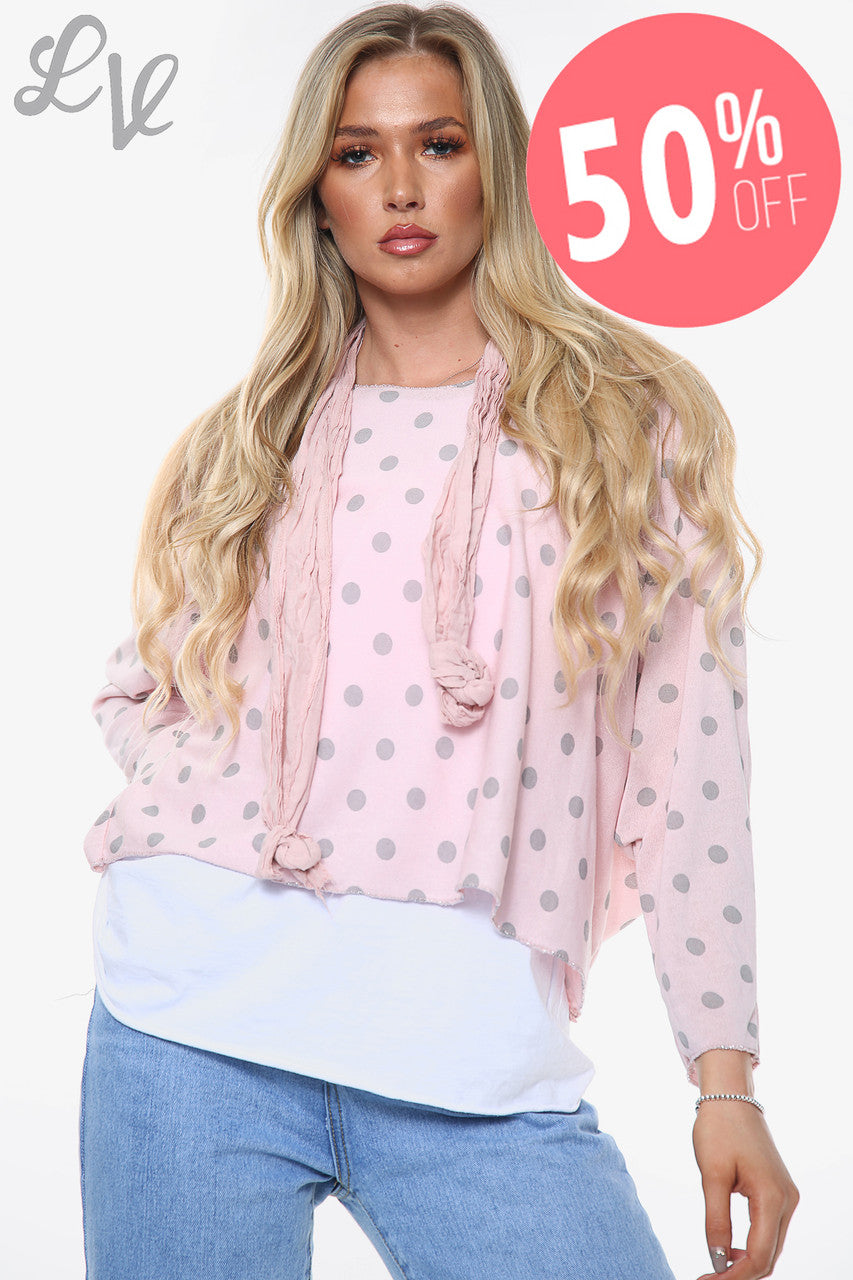 Dames Top met Polkadot Print en 2 Lagen met Sjaal Oudroze Prijs WAS €13,99 NU €6,99