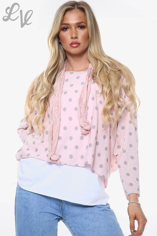 Ladies Polka Dot Print 2 Layer Top With Scarf Dusty Pink Unit Price WAS £13.99 NOW £6.99