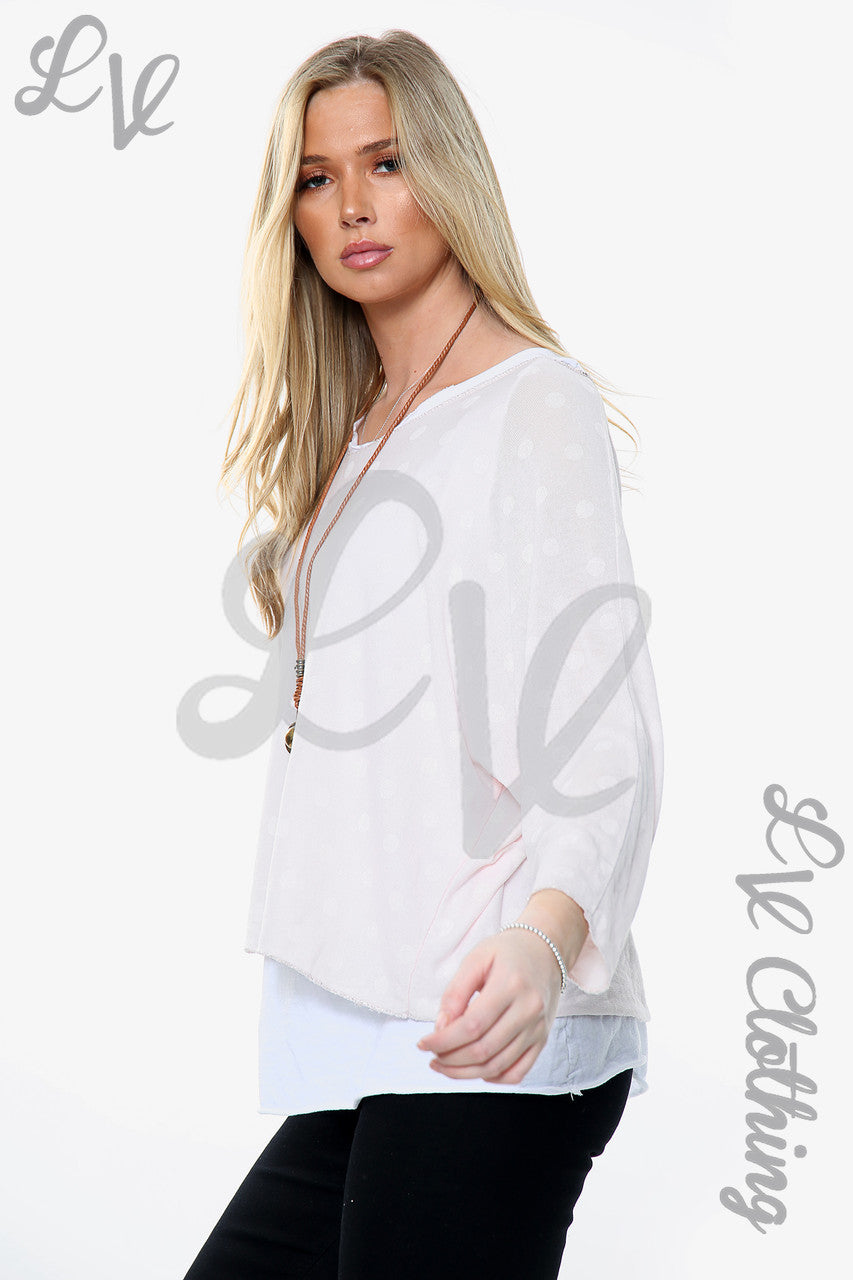 Dames Polka Dot Print 2 Laags Top Met Ketting Dusty Pink Stukprijs WAS £13.99 NU £6.99