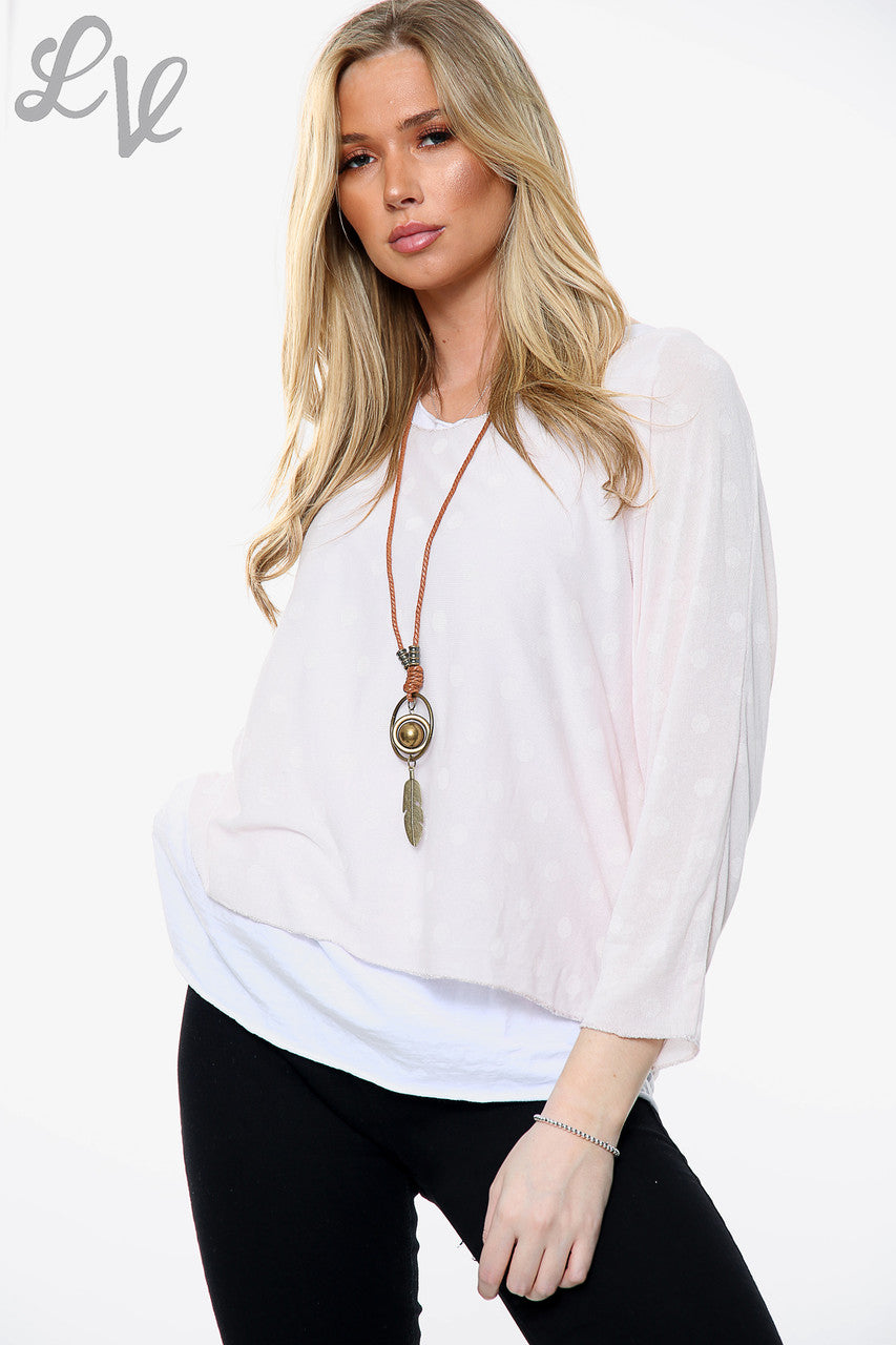 Dames Polka Dot Print 2 Laags Top Met Ketting Dusty Pink Stukprijs WAS £13.99 NU £6.99