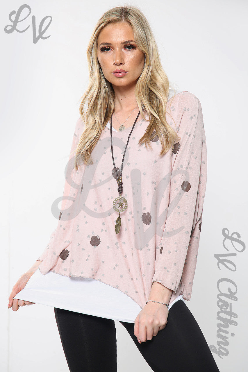 Ladies Twin Layer Spot Print Top With Necklace Dusty Pink Unit Price £12.99