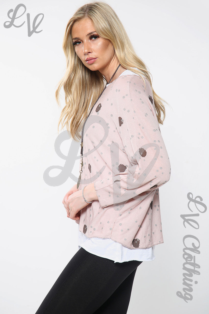 Ladies Twin Layer Spot Print Top With Necklace Dusty Pink Unit Price £12.99