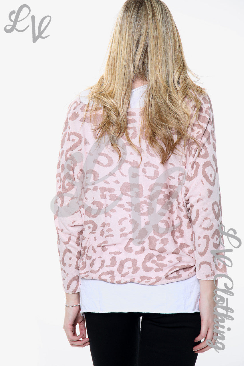 Dames Top met Luipaardprint en 2 Lagen, met Bijpassende Sjaal Stoffig Roze Stukprijs £11,99