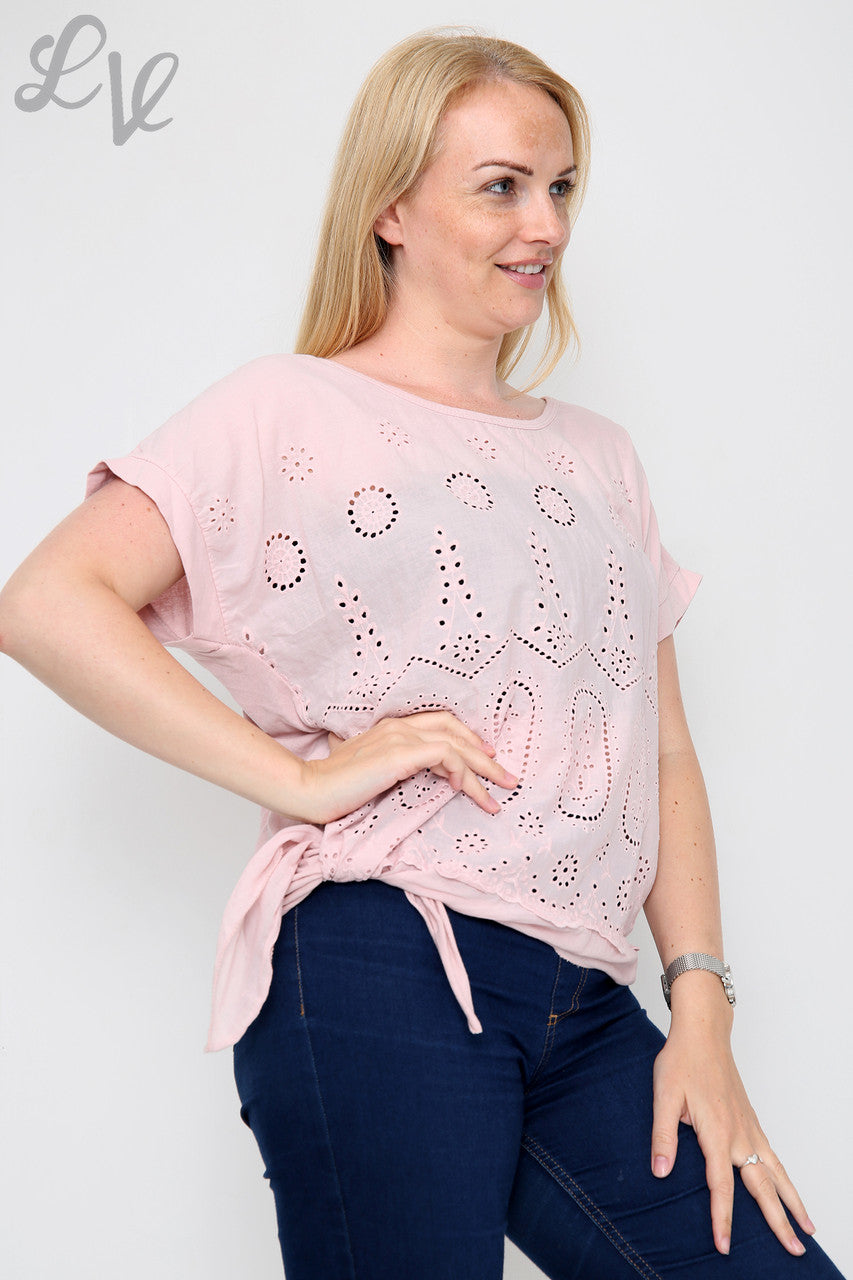 Ladies Anglaise Tie Side Top Dusty Pink - Unit Price £10.99