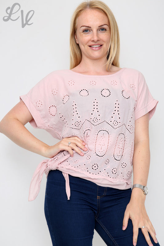 Ladies Anglaise Tie Side Top Dusty Pink - Unit Price £10.99