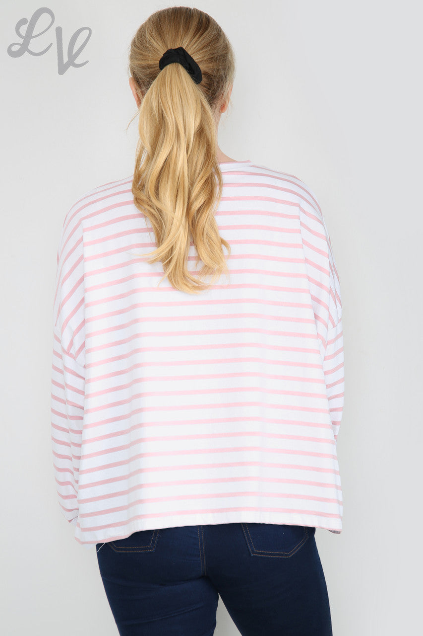 Dames gestreepte top met sterren en lange mouwen roze Eenheidsprijs WAS £9,99 NU £5