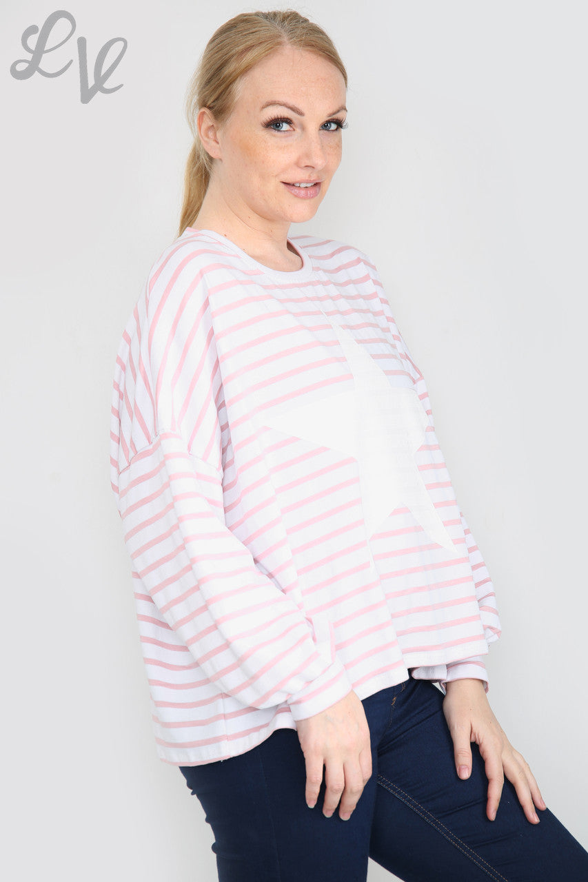 Dames gestreepte top met sterren en lange mouwen roze Eenheidsprijs WAS £9,99 NU £5