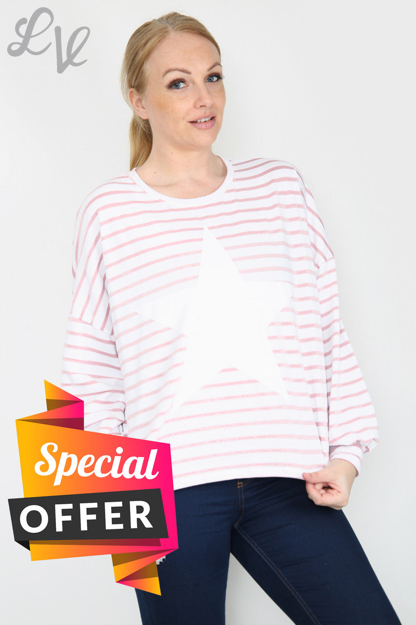 Dames gestreepte top met sterren en lange mouwen roze Eenheidsprijs WAS £9,99 NU £5