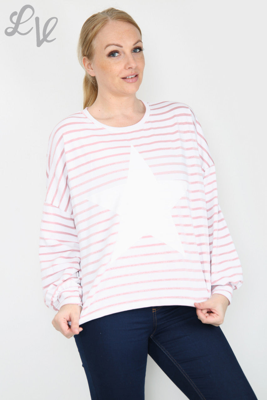Dames gestreepte top met sterren en lange mouwen roze Eenheidsprijs WAS £9,99 NU £5
