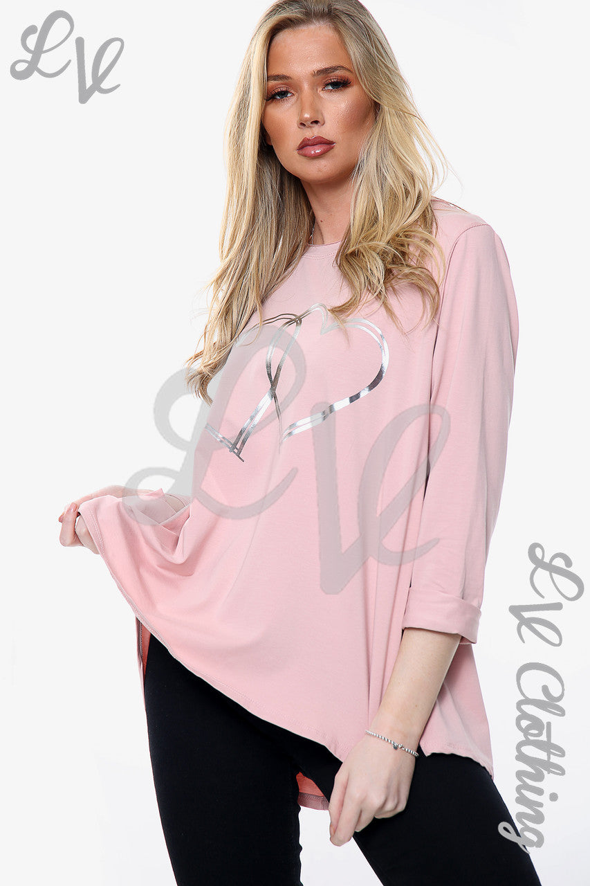 Dames 2 Harten Folie Grafisch Top Oudroze Stukprijs € 6,99